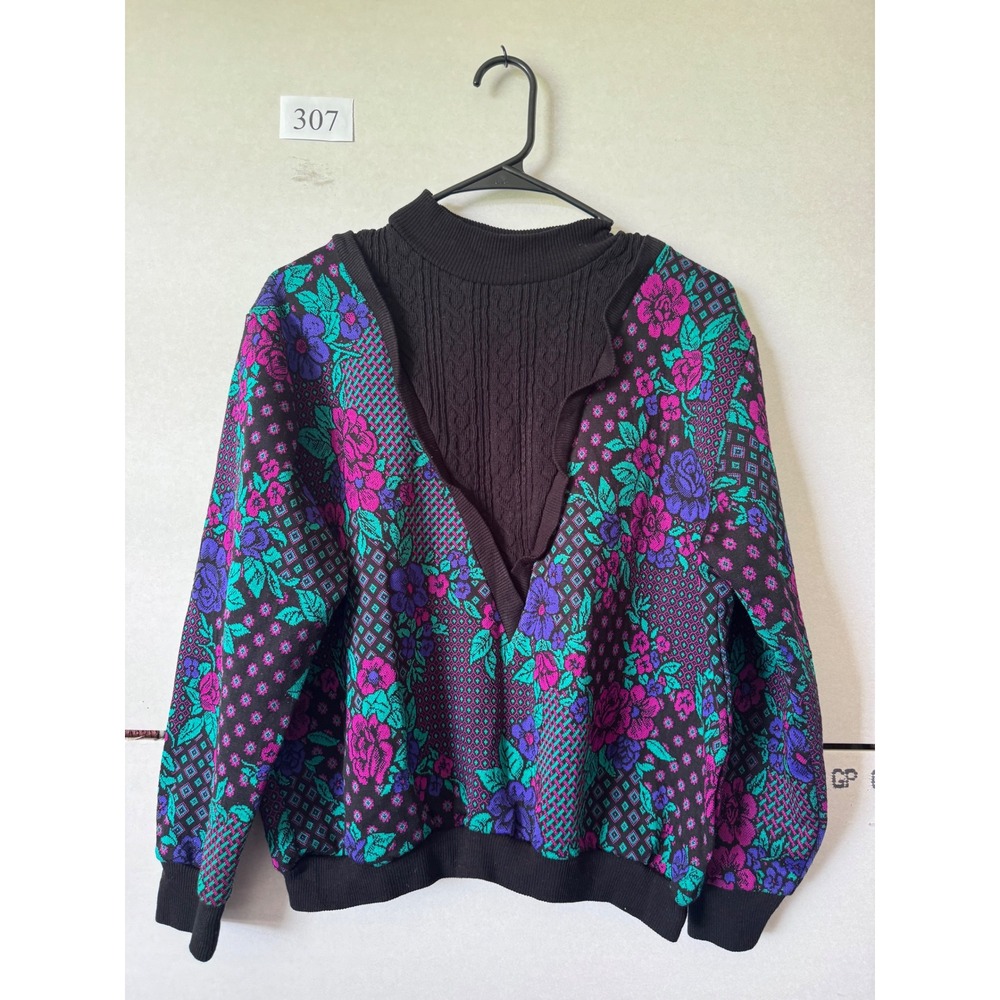 Vintage Act III Floral Mock Neck Layered Knit Sweater Made in USA Large